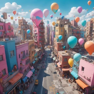A high-angle colorful illustration of a surreal cartoon city cal...