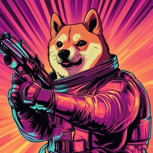 MEME DOGE in GTA art style — a laser gun in a chrome space suit...