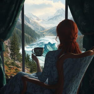 Create a realistic 4d image of a dark redheaded brunette sitting...