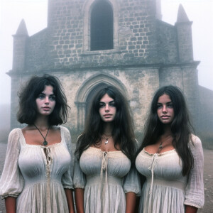 Create a color film photograph from 1962 of three beautiful 19-y...