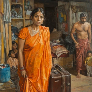 Realism painting a 54-year-old Gujarati housemaid wearing a brig...