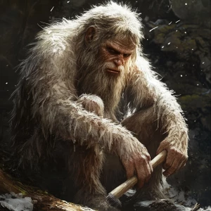 A humanoid looking hair covered sasquatch using primative tools