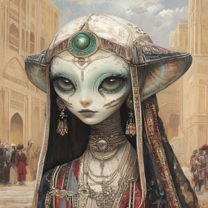 Depict an alien girl inspired by Achaemenid Persian art, elegant...