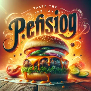 A close-up view of a burger’s perfectly seared patty, with cheese melting over the edges and fresh veggies piled on top. The background is a gradient of warm orange and yellow hues, and the headline reads, ‘Taste the Juicy Perfection’ in a stylish, slightly curved font that complements the image