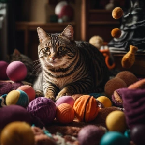 make a very fat tabby cat play with toys