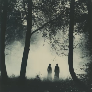 In the ethereal twilight of a mist-shrouded forest, two figures...