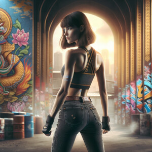 Athletic Thin skinny Attractive, Asian teenage girl, long brown hair and bangs, wearing tight skinny jeans and a halter top paint marks on her clothing, heroic pose Asian graffiti background, backside view