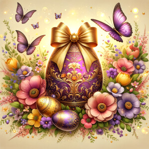 A luxurious and ornate Easter-themed image featuring a large cen...