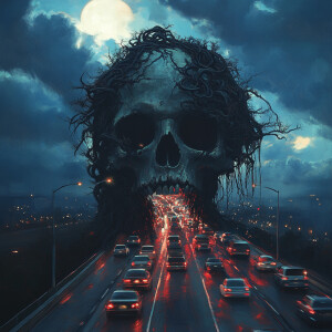 A serpentine highway, dense with rows of cars, trucks, and motor...