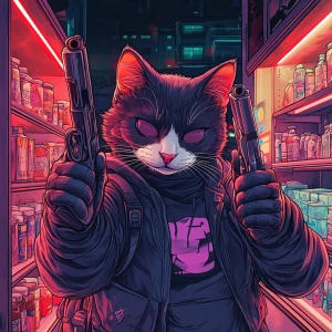 A masked street cat holding two pistols during a tense convenien...