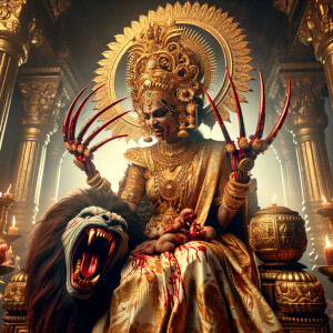 portrait of angry looking goddess durga sitting on a gold crown...