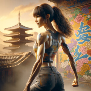 Athletic Thin skinny Attractive, Asian teenage girl, long brown hair and bangs, wearing tight skinny jeans and a halter top paint marks on her clothing, heroic pose Asian graffiti background, backside view