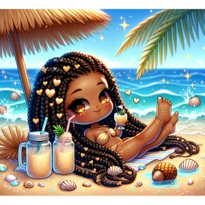 A caramel chibi with heart-shaped baby hairs sits under a palm-f...