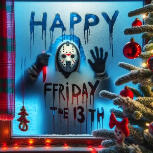 Jack Frost wearing a hockey mask writing 'Happy Friday the 13th'...