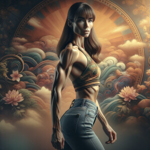 Athletic Thin skinny Attractive, Asian teenage girl, long brown hair and bangs, wearing tight skinny jeans and a halter top paint marks on her clothing, heroic pose Asian graffiti background,  backside view