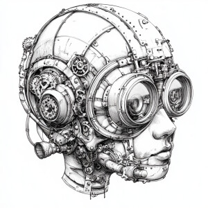 Illustrate a steampunk helmet using an ink style approach. The h...