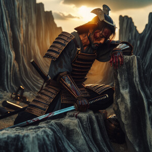 A wounded samurai kneel on his knees on top of a rock, cinematic...