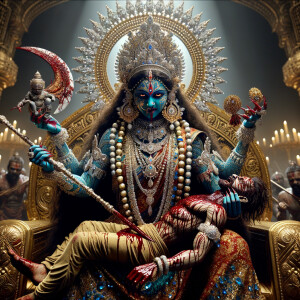 portrait of intense looking goddess kali, blue skinned, sitting on a gold crown and carrying a weak mahishasur on her lap and stabbing him with her amazing long red finger nails. She is wearing diamond armor, a huge diamond crown, red saree, abundant diamond jewelry, covered in blood. The scene is set in ancient India. The image is 8K resolution, cinematic, ultra detailed face and epic.