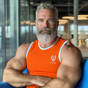 The image shows a white man with a beard , gray haired muscular...