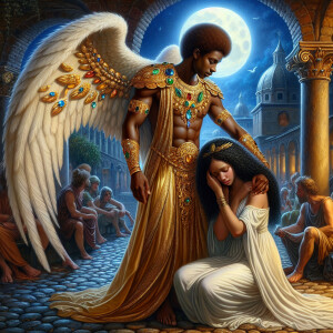 Create an oil painting image featuring a male angel and a grievi...