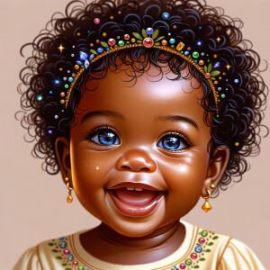 "Create a digital portrait of an adorable african-American baby girl with a joyful expression. She is wearing a gold crown with colorful jewels. Her big, bright blue eyes are wide with wonder, and her tiny mouth is shaped in a happy grin. Her skin has a warm, honey-brown tone, and she has an abundance of thick curly black hair, The background is soft and neutral to keep the focus on her delightful features. The portrait should be vibrant and heartwarming, celebrating the innocence and charm of childhood."