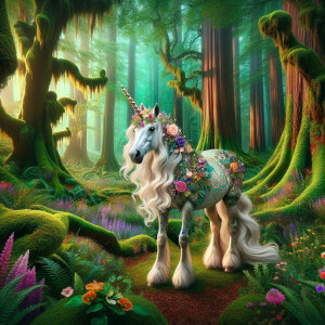 fantasy forest with unicorn in hat