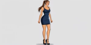 A female coed, dressed in a form-fitting mini dress and wearing...