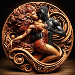 3d wood and porcelain sculpture of an Afrocentric woman with a m...
