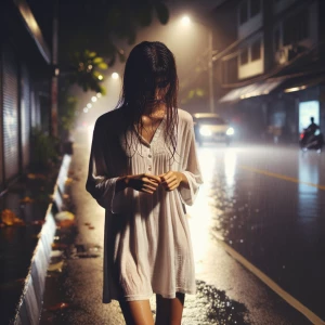 Wanita muda memakai daster pitih tipis basah kuyup terkena hjuan...