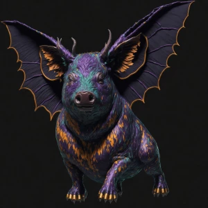 A vividly psychedelic-colored piglet with iridescent bat wings,...