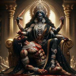 portrait of extremly angry looking goddess durga, black skinned, sitting on a gold crown and carrying a weak mahishasur on her lap and stabbing him with her amazing long red finger nails. She is wearing diamond armor, a huge diamond crown, black saree, abundant diamond jewelry, covered in blood. The scene is set in ancient India. The image is 8K resolution, cinematic, ultra detailed face and epic.