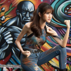 Very thin Athletic Thin skinny Attractive, Asian teenage girl, long brown hair and bangs, wearing tight skinny jeans and a halter top paint marks on her clothing, sitting side view heroic pose Asian graffiti