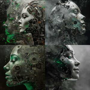 Robotic portrait of woman 19 year old. Perfil. Metalic shape and...