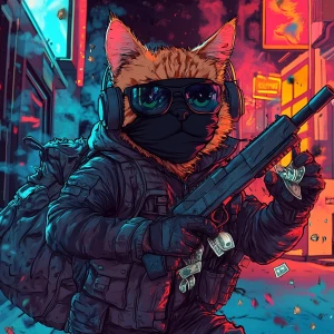 A wide-eyed ginger cat wearing a black tactical balaclava (or ma...