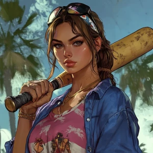 ,with her softball bat on her shoulder, GTA style art