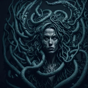 Create an image of Medusa holding shears, her snake hair express...