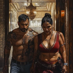 Realism art style.A sweaty  man walking with his mother in law n...