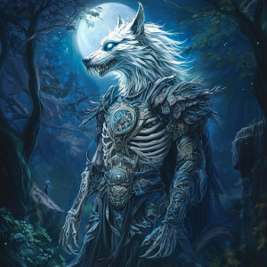 An eerie ghostly alien skeleton figure with elongated fangs, sur...