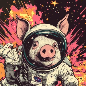Cute cartoon pig in vintage white spacesuit and NASA style helme...