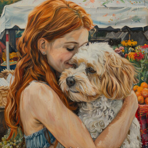 A light haired ginger female at the farmers market with her Shih...