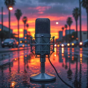 Create an image of a sunset in Los Angeles after a rain shower w...