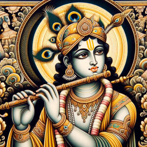 Krishna holding an assault rifle on the style of ancient Indian...