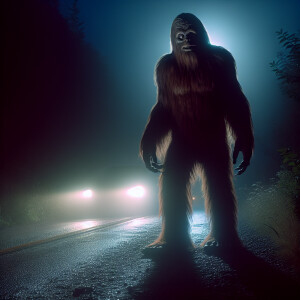 Refine a sinister-looking humanoid Sasquatch with a dense fur co...