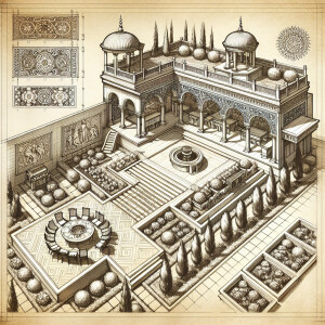 Design a luxurious and elegant classic-style roof garden featuri...