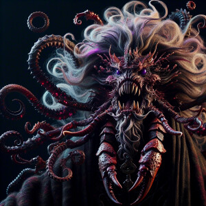 A menacing creature with crab legs for a face, sharp fangs protr...