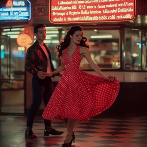 “A vibrant mid-century dance hall scene captured with a Canon EOS R5 and a 50mm f/1.2 lens. the image is focused on Dahlia Valentina fit tall supple well endowed tanned Italian American model (DahliaValentina_ai) stands in the center of a 1950s rockabilly dance, spinning in a bright red polka-dot dress with a fitted bodice and a flared skirt that lifts as she twirls. Her long wavy black hair is tied up with a matching headscarf, and she wears classic cat-eye eyeliner with a bold red lip. She dances with a charming partner dressed in a leather jacket and cuffed jeans, both caught mid-motion in a lively jitterbug step. The neon signs glow behind them, casting warm reflections on the checkered dance floor. The energy of the crowd, jukebox music, and the flickering of retro diner lights add to the nostalgic atmosphere. The composition follows dynamic angles, emphasizing movement and vintage allure.”