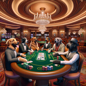 Dogs playing poker at a round poker table in a casino 3D charact...