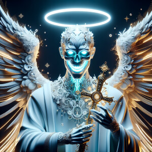 a highly-detailed  Angel  with vibrant white liquid  skin, neon...