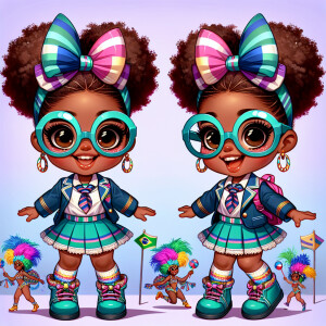 A chibi-style image of an African American 3-year-old girl, stan...