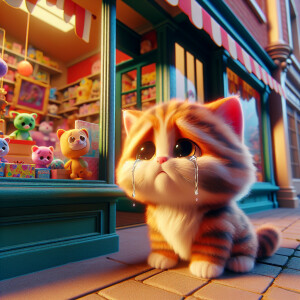 Kitten crying near a toy shop